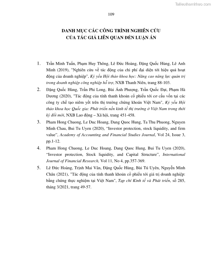 Luận án tiến sĩ tài chính ngân hàng Nghiên cứu mối quan hệ giữa lợi suất cổ phiếu và thanh khoản thị trường - trường hợp các doanh nghiệp niêm yết trên thị trường chứng khoán Việt Nam - 10 Trang 116