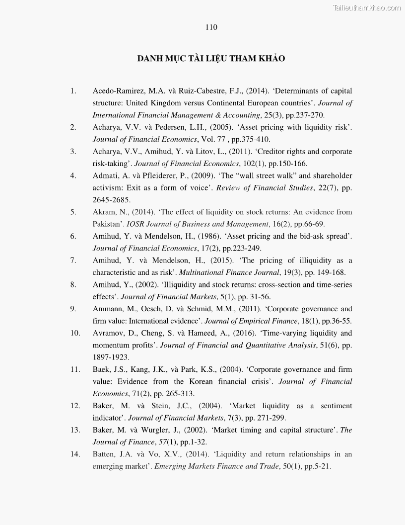 Luận án tiến sĩ tài chính ngân hàng Nghiên cứu mối quan hệ giữa lợi suất cổ phiếu và thanh khoản thị trường - trường hợp các doanh nghiệp niêm yết trên thị trường chứng khoán Việt Nam - 10 Trang 117