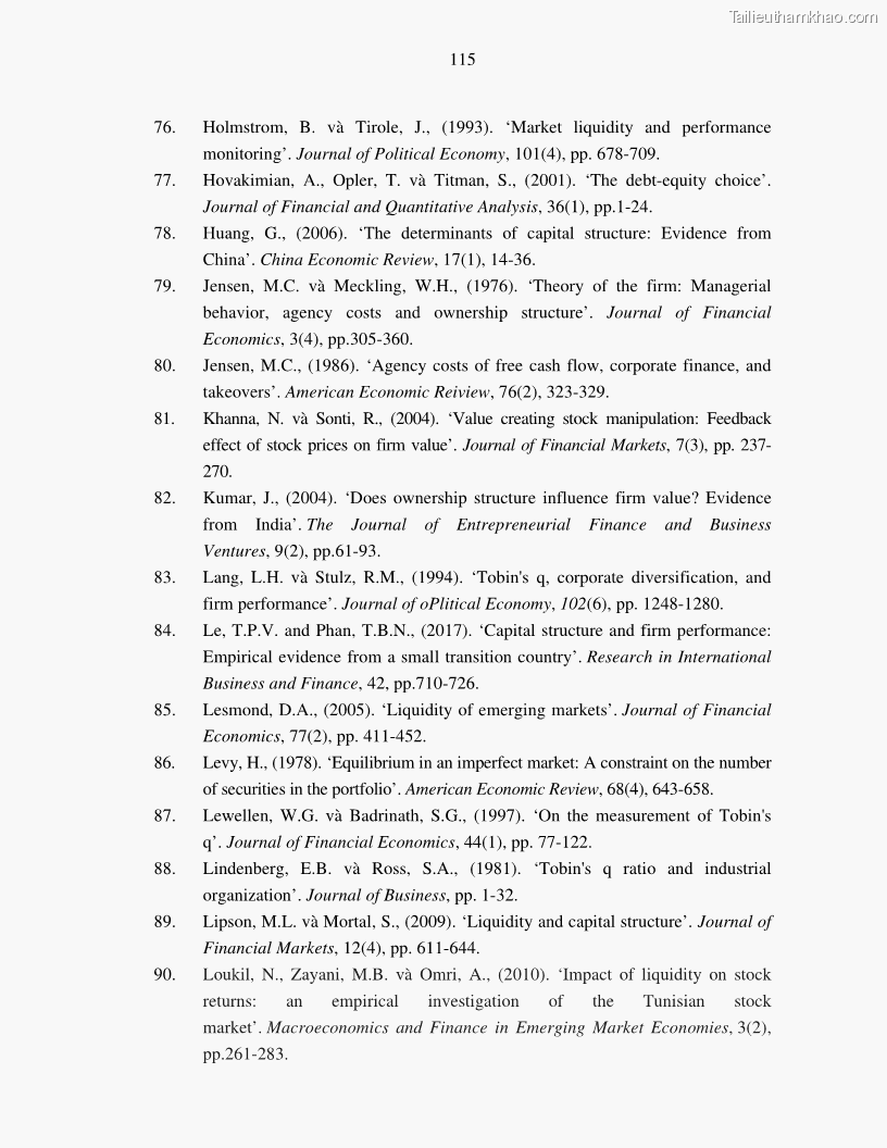 Luận án tiến sĩ tài chính ngân hàng Nghiên cứu mối quan hệ giữa lợi suất cổ phiếu và thanh khoản thị trường - trường hợp các doanh nghiệp niêm yết trên thị trường chứng khoán Việt Nam - 11 Trang 122