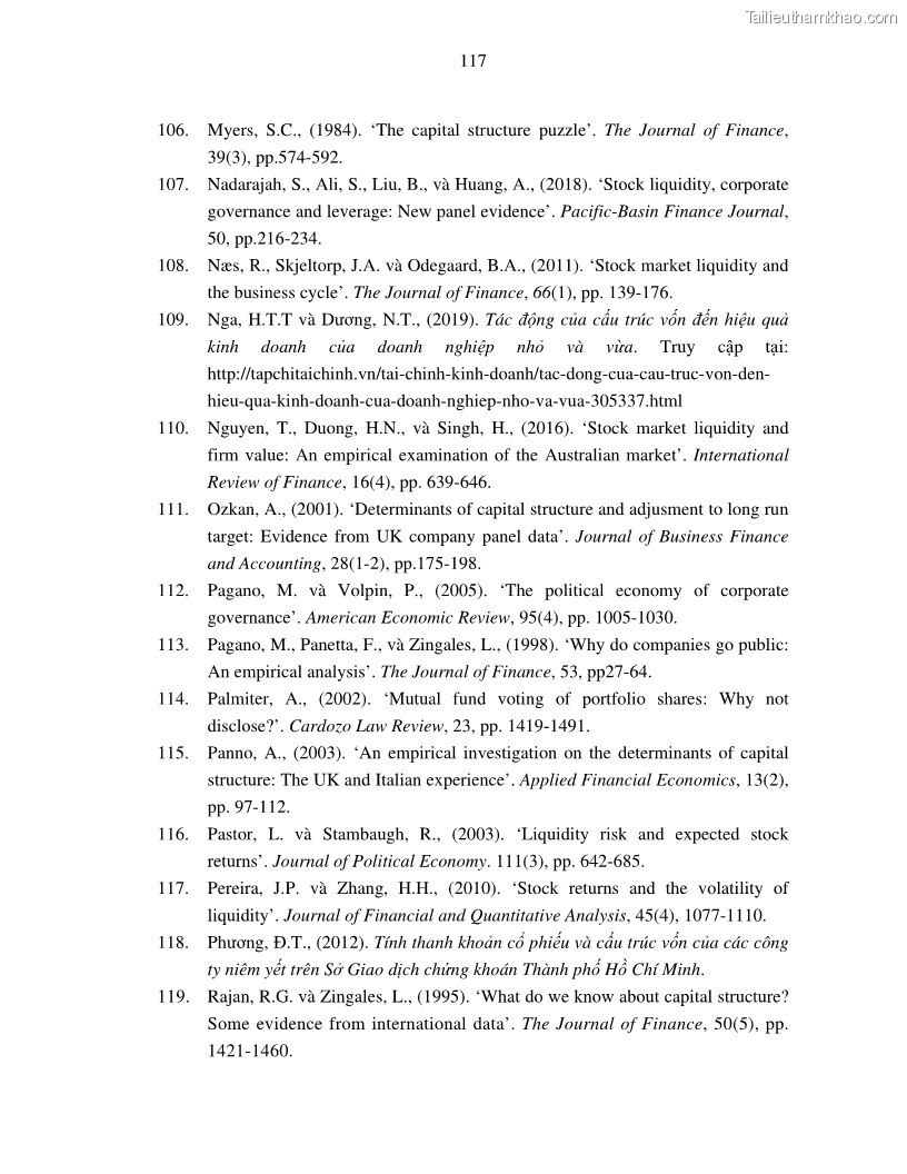 Luận án tiến sĩ tài chính ngân hàng Nghiên cứu mối quan hệ giữa lợi suất cổ phiếu và thanh khoản thị trường - trường hợp các doanh nghiệp niêm yết trên thị trường chứng khoán Việt Nam - 11 Trang 124