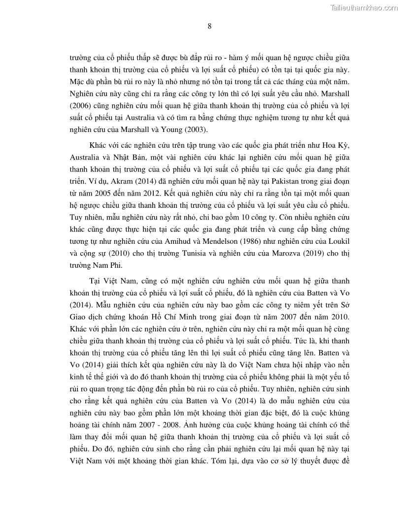 Luận án tiến sĩ tài chính ngân hàng Nghiên cứu mối quan hệ giữa lợi suất cổ phiếu và thanh khoản thị trường - trường hợp các doanh nghiệp niêm yết trên thị trường chứng khoán Việt Nam - 2 Trang 15