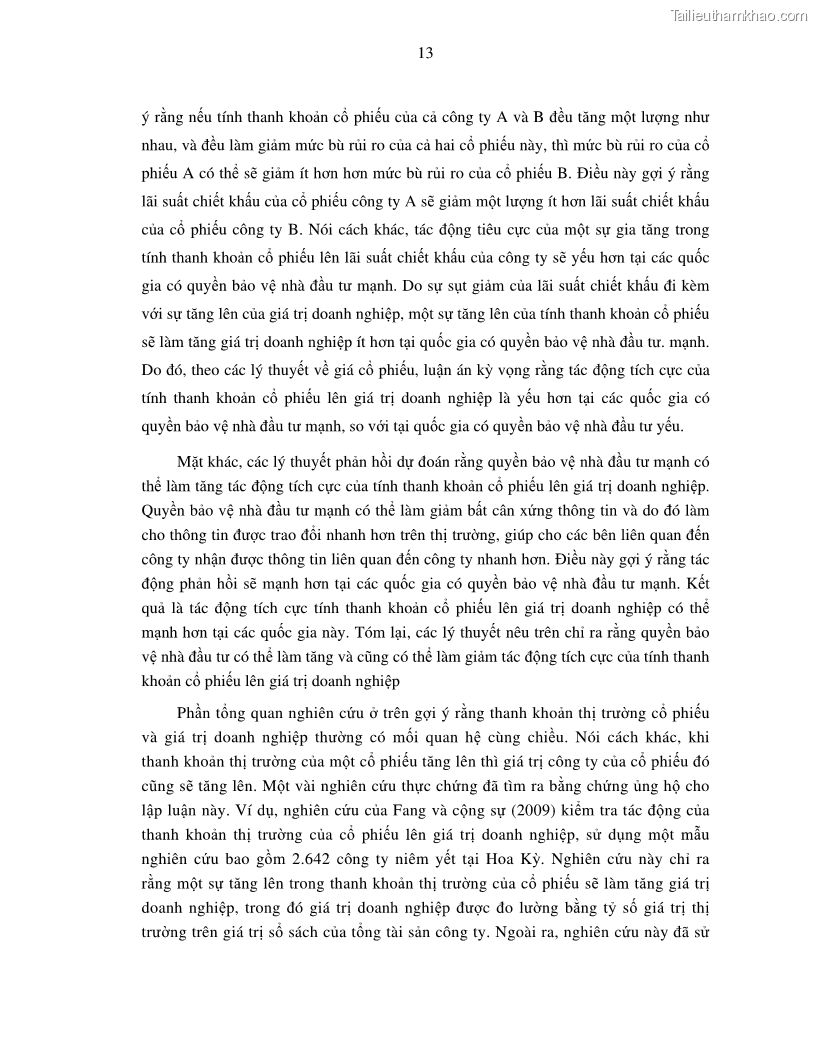 Luận án tiến sĩ tài chính ngân hàng Nghiên cứu mối quan hệ giữa lợi suất cổ phiếu và thanh khoản thị trường - trường hợp các doanh nghiệp niêm yết trên thị trường chứng khoán Việt Nam - 2 Trang 20