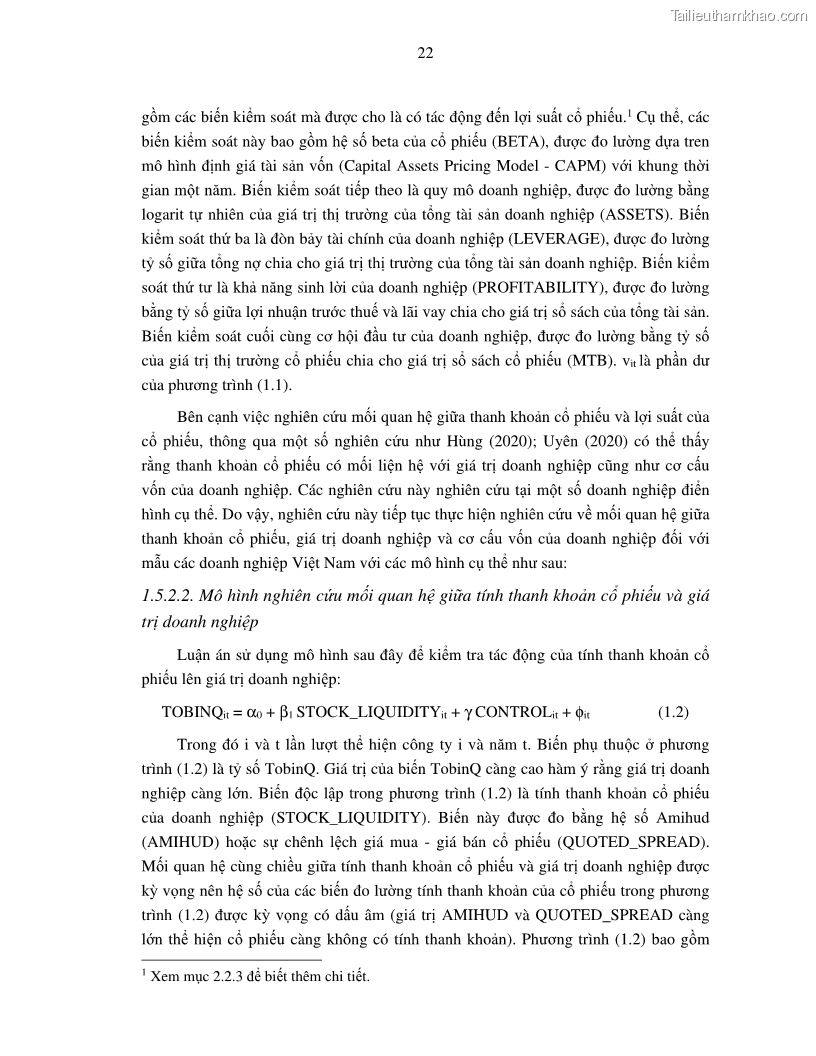 Luận án tiến sĩ tài chính ngân hàng Nghiên cứu mối quan hệ giữa lợi suất cổ phiếu và thanh khoản thị trường - trường hợp các doanh nghiệp niêm yết trên thị trường chứng khoán Việt Nam - 3 Trang 29
