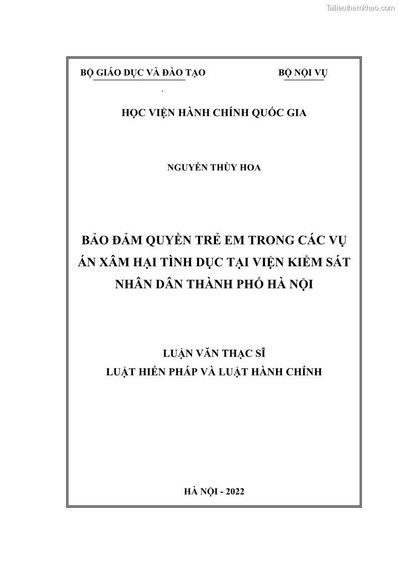 Luận văn thạc sĩ Bảo đảm quyền trẻ em trong các vụ án xâm hại tình dục tại Viện kiểm sát nhân dân thành phố Hà Nội - 1 Trang 1