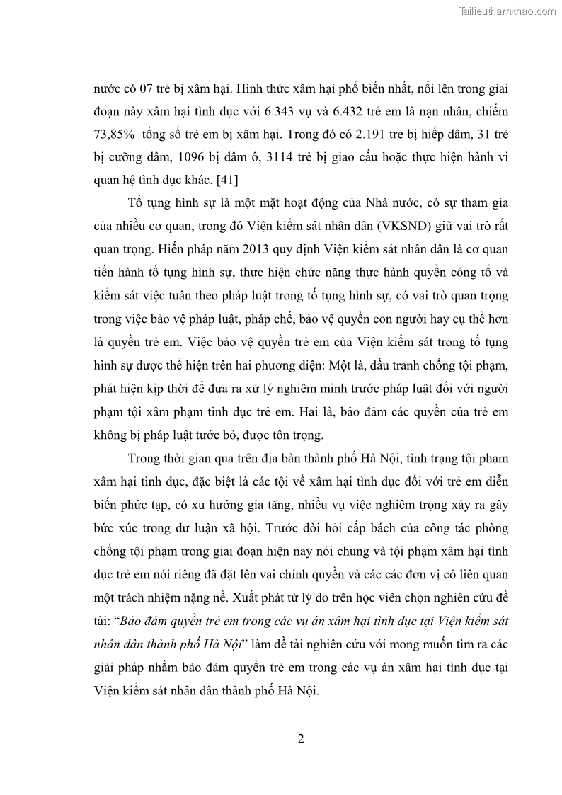 Luận văn thạc sĩ Bảo đảm quyền trẻ em trong các vụ án xâm hại tình dục tại Viện kiểm sát nhân dân thành phố Hà Nội - 1 Trang 11