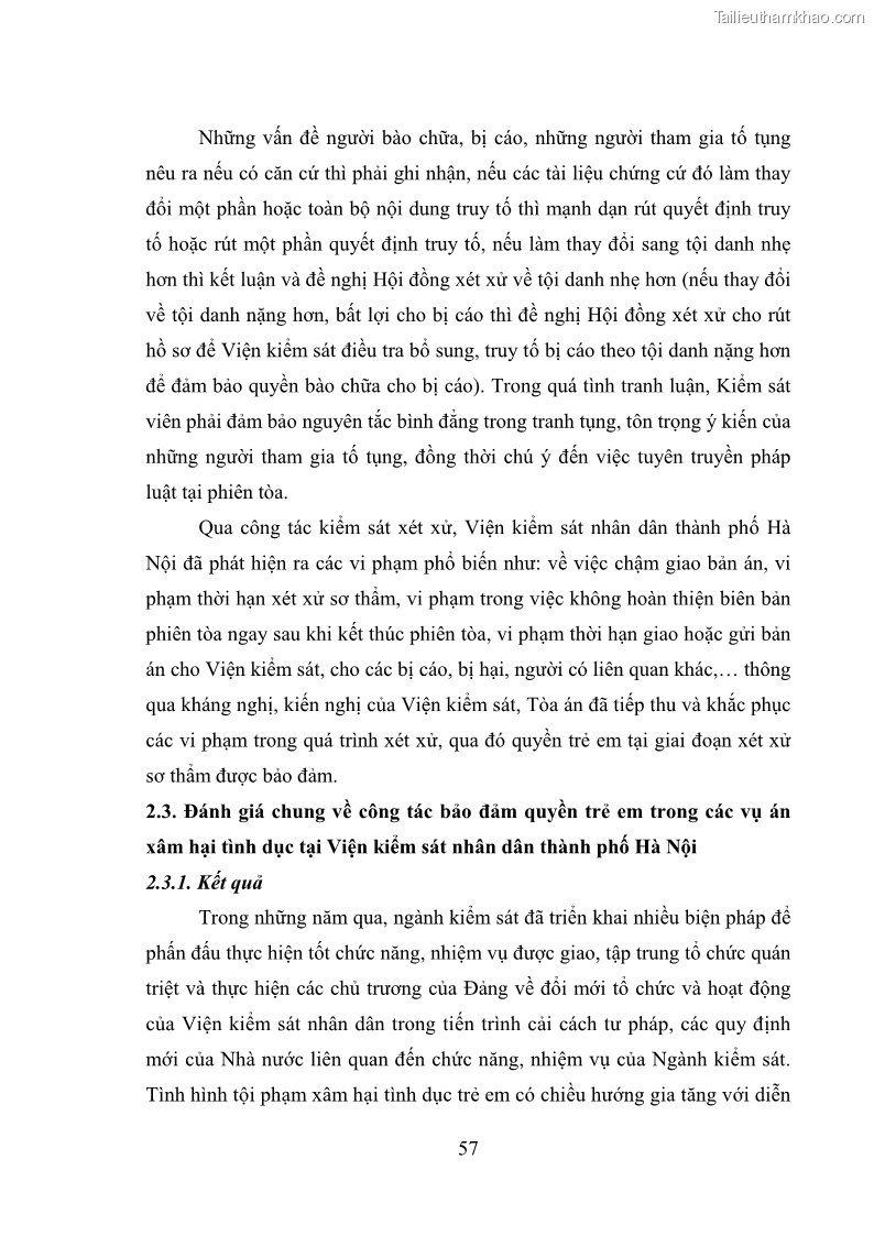 Luận văn thạc sĩ Bảo đảm quyền trẻ em trong các vụ án xâm hại tình dục tại Viện kiểm sát nhân dân thành phố Hà Nội - 6 Trang 66