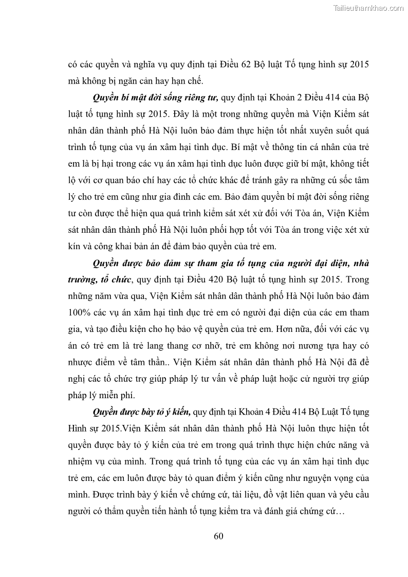 Luận văn thạc sĩ Bảo đảm quyền trẻ em trong các vụ án xâm hại tình dục tại Viện kiểm sát nhân dân thành phố Hà Nội - 6 Trang 69