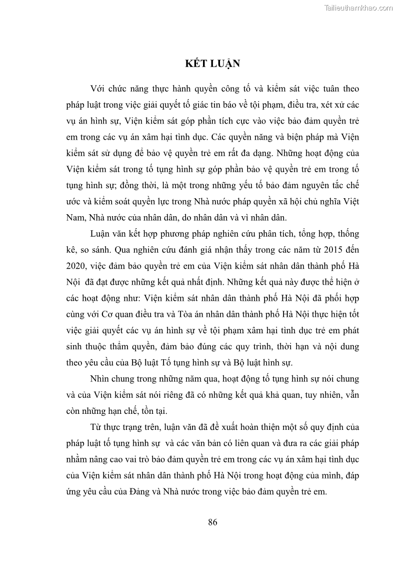 Luận văn thạc sĩ Bảo đảm quyền trẻ em trong các vụ án xâm hại tình dục tại Viện kiểm sát nhân dân thành phố Hà Nội - 8 Trang 95