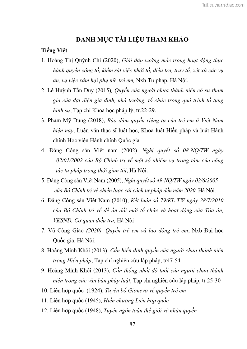 Luận văn thạc sĩ Bảo đảm quyền trẻ em trong các vụ án xâm hại tình dục tại Viện kiểm sát nhân dân thành phố Hà Nội - 8 Trang 96