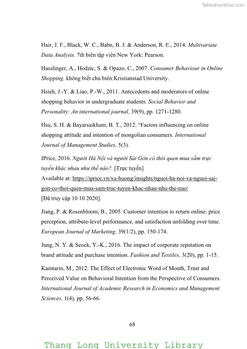 Luận văn thạc sĩ kinh doanh và quản lý Các yếu tố ảnh hưởng đến ý định mua sắm đồ gia dụng qua kênh trực tuyến - 6 Trang 70