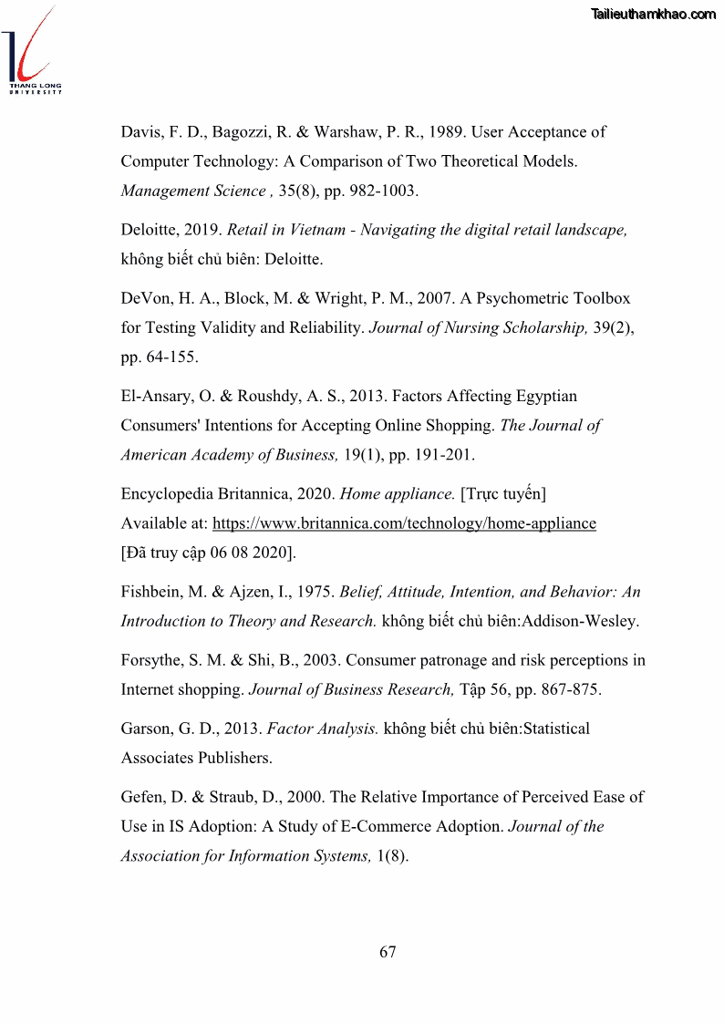 Luận văn thạc sĩ kinh doanh và quản lý Các yếu tố ảnh hưởng đến ý định mua sắm đồ gia dụng qua kênh trực tuyến - 6 Trang 69