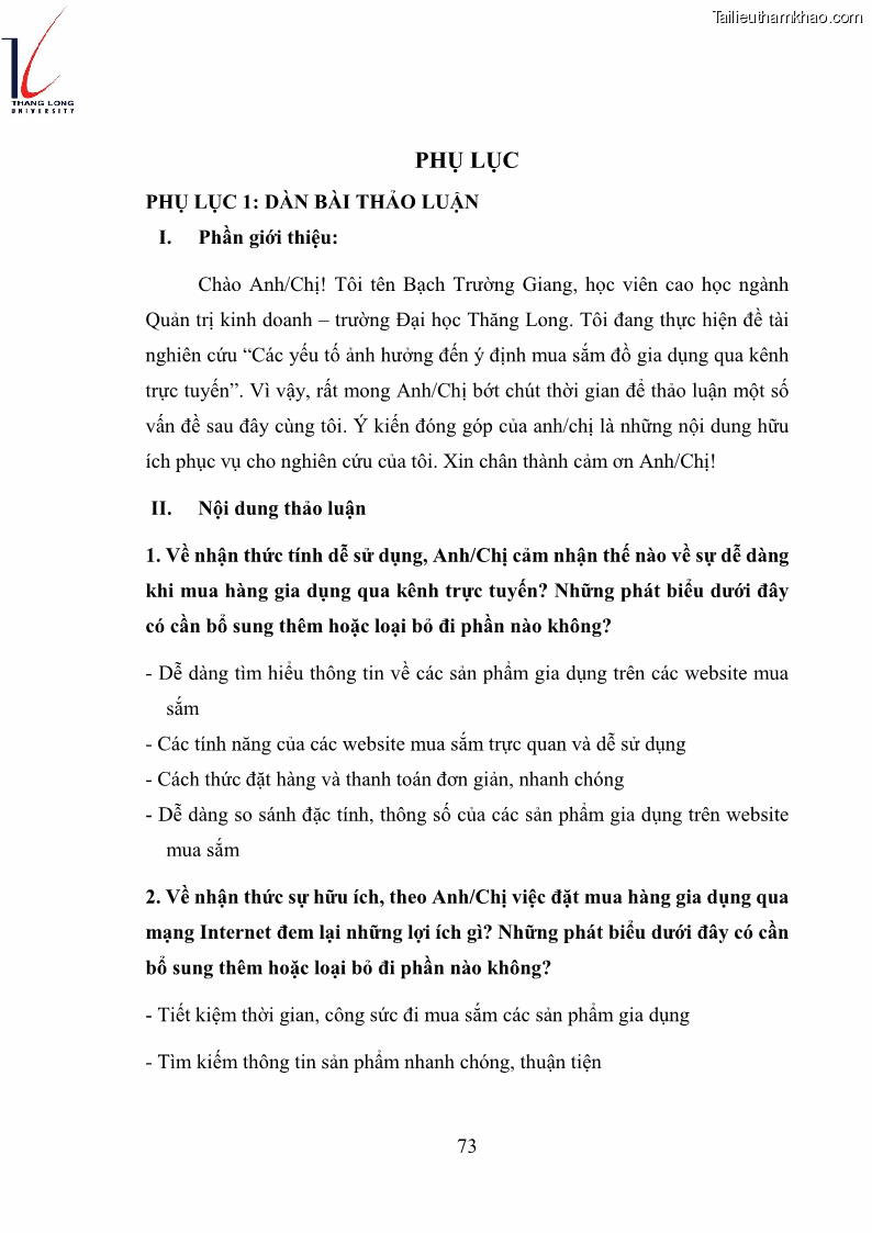 Luận văn thạc sĩ kinh doanh và quản lý Các yếu tố ảnh hưởng đến ý định mua sắm đồ gia dụng qua kênh trực tuyến - 7 Trang 75