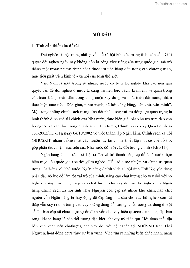 Luận văn thạc sĩ kinh tế Chất lượng cho vay hộ nghèo tại Ngân hàng chính sách xã hội Việt Nam - Chi nhánh Thái Nguyên - 1 Trang 11