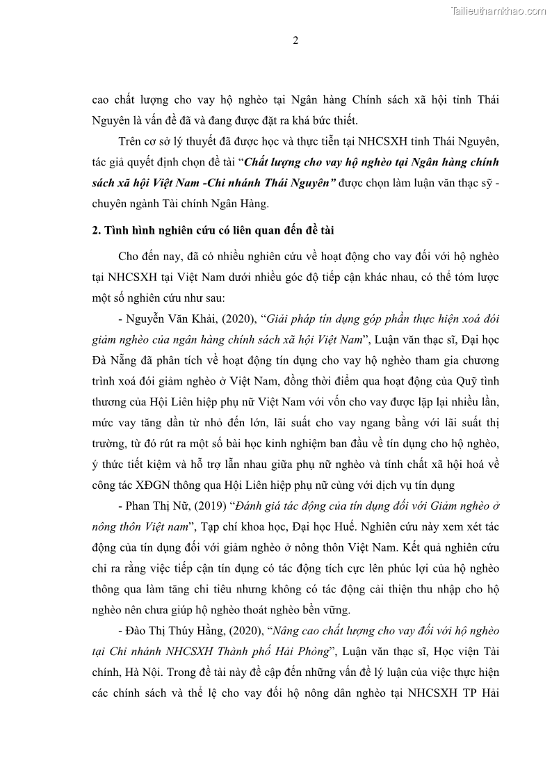 Luận văn thạc sĩ kinh tế Chất lượng cho vay hộ nghèo tại Ngân hàng chính sách xã hội Việt Nam - Chi nhánh Thái Nguyên - 1 Trang 12