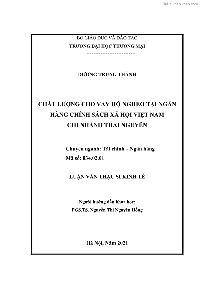 Luận văn thạc sĩ kinh tế Chất lượng cho vay hộ nghèo tại Ngân hàng chính sách xã hội Việt Nam - Chi nhánh Thái Nguyên - 1 Trang 2