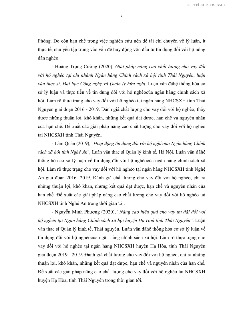 Luận văn thạc sĩ kinh tế Chất lượng cho vay hộ nghèo tại Ngân hàng chính sách xã hội Việt Nam - Chi nhánh Thái Nguyên - 2 Trang 13
