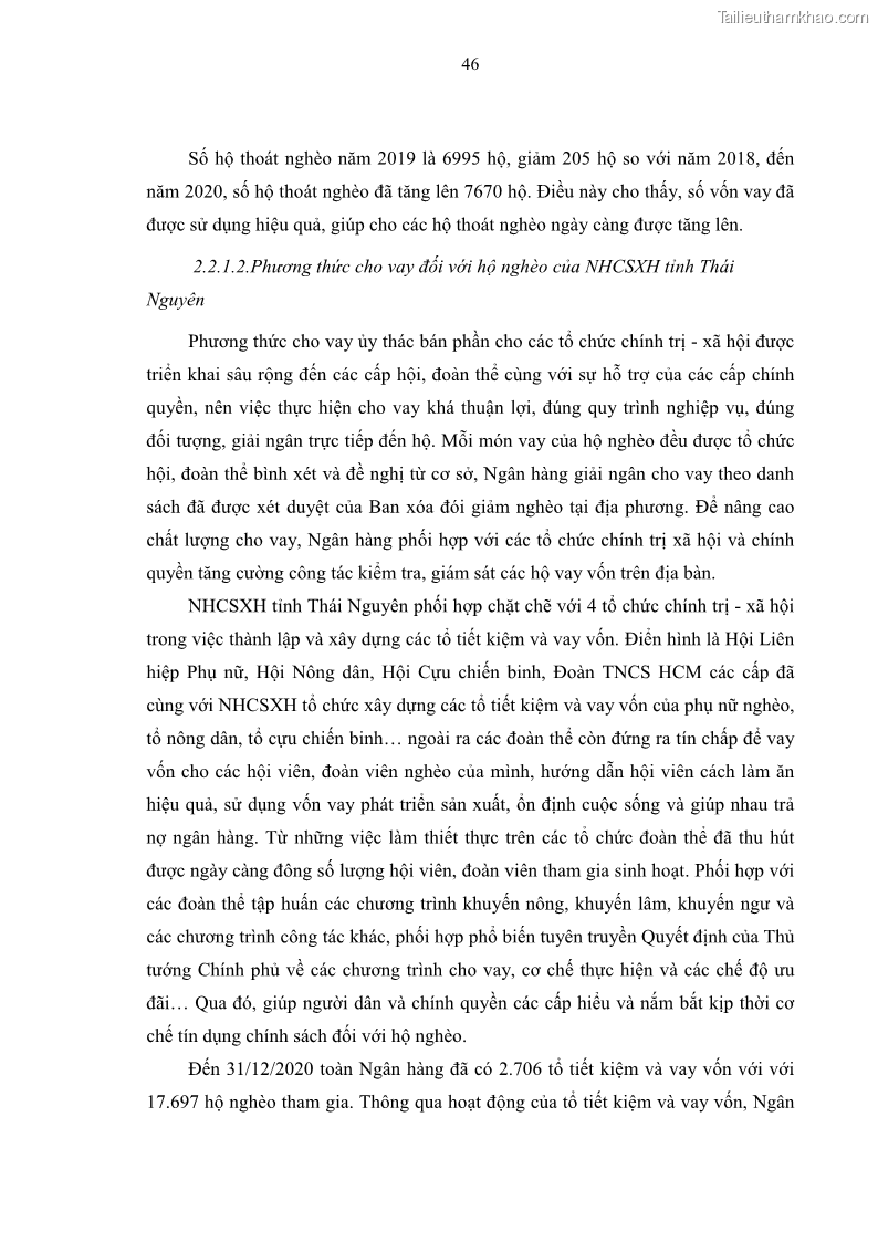 Luận văn thạc sĩ kinh tế Chất lượng cho vay hộ nghèo tại Ngân hàng chính sách xã hội Việt Nam - Chi nhánh Thái Nguyên - 5 Trang 56