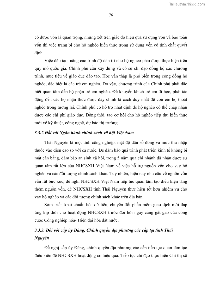 Luận văn thạc sĩ kinh tế Chất lượng cho vay hộ nghèo tại Ngân hàng chính sách xã hội Việt Nam - Chi nhánh Thái Nguyên - 8 Trang 86