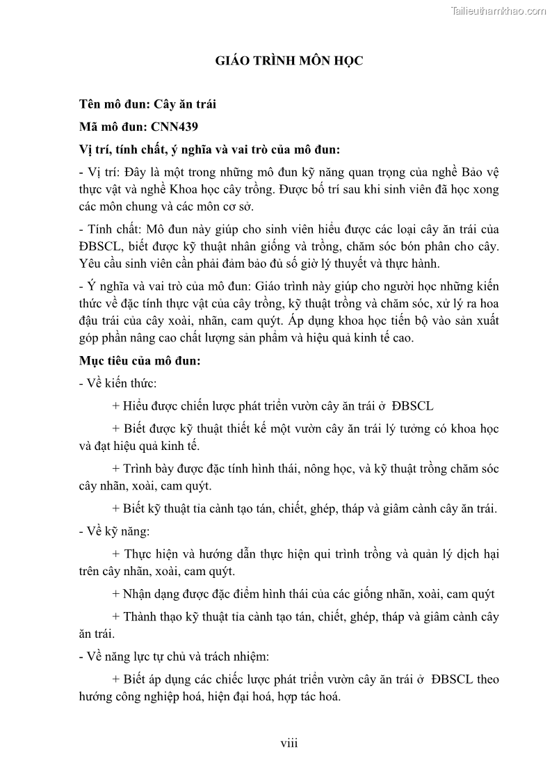 Giáo trình Cây ăn trái Nghề: Bảo vệ thực vật - Cao đẳng: Phần 1 - Trường Cao đẳng Cộng đồng Đồng Tháp - 1 Trang 9