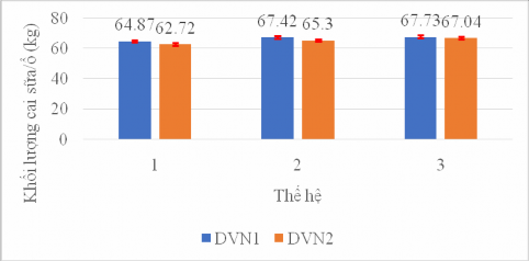 Hình 3 16 Khối lượng cai sữa ổ của lợn nái DVN1 và DVN2 qua 3 thế hệ 3 1 2 4 5
