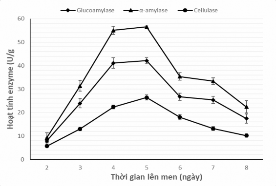 Hình 4 8 Ảnh hưởng của thời gian lên men đến sinh tổng hợp glucoamylase 1