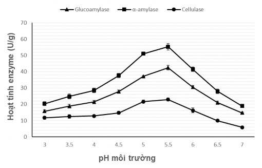 Hình 4 7 Ảnh hưởng của pH môi trường đến sinh tổng hợp glucoamylase α amylase 4