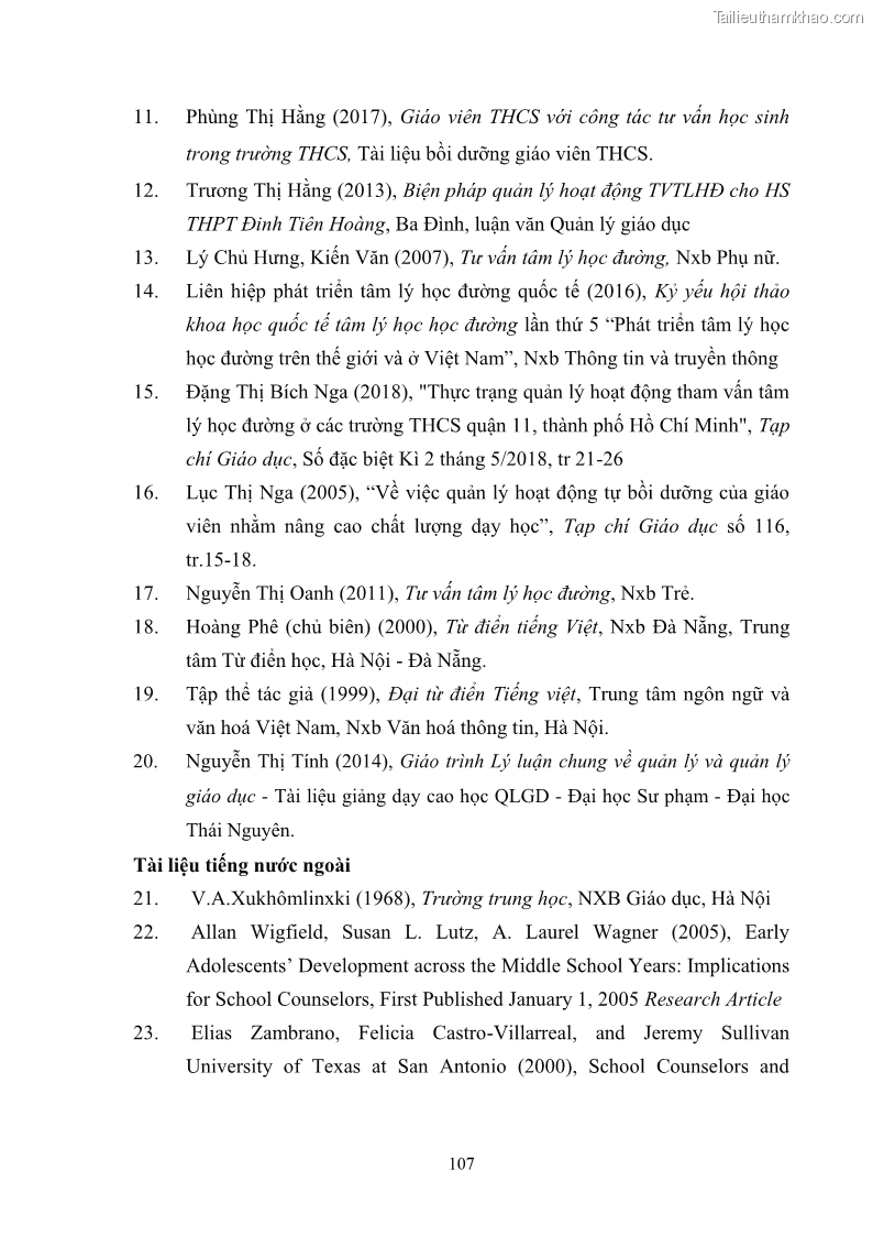 Luận văn thạc sĩ khoa học giáo dục Quản lý bồi dưỡng năng lực tư vấn tâm lý học đường cho giáo viên ở các trường trung học cơ sở thành phố Móng Cái, tỉnh Quảng Ninh - 10 Trang 119
