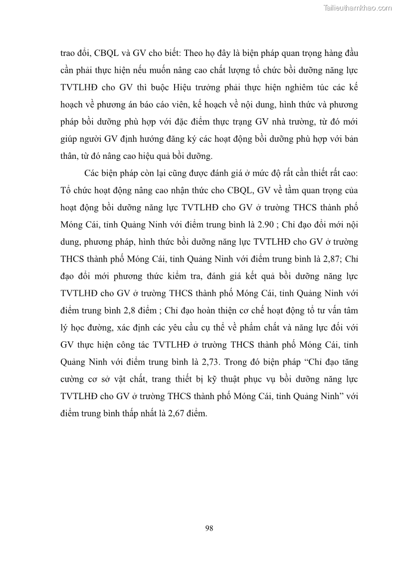Luận văn thạc sĩ khoa học giáo dục Quản lý bồi dưỡng năng lực tư vấn tâm lý học đường cho giáo viên ở các trường trung học cơ sở thành phố Móng Cái, tỉnh Quảng Ninh - 10 Trang 110