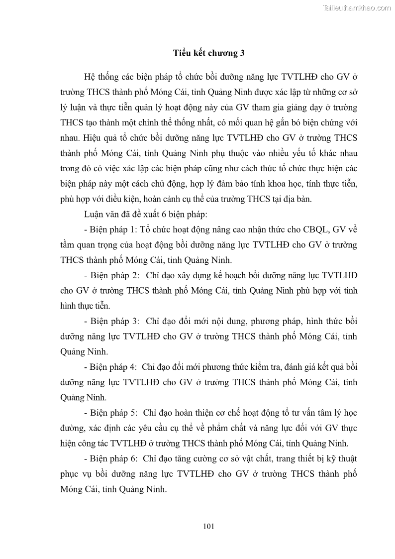 Luận văn thạc sĩ khoa học giáo dục Quản lý bồi dưỡng năng lực tư vấn tâm lý học đường cho giáo viên ở các trường trung học cơ sở thành phố Móng Cái, tỉnh Quảng Ninh - 10 Trang 113