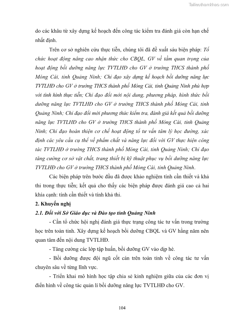 Luận văn thạc sĩ khoa học giáo dục Quản lý bồi dưỡng năng lực tư vấn tâm lý học đường cho giáo viên ở các trường trung học cơ sở thành phố Móng Cái, tỉnh Quảng Ninh - 10 Trang 116
