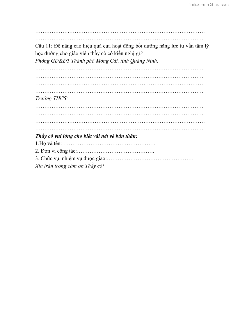 Luận văn thạc sĩ khoa học giáo dục Quản lý bồi dưỡng năng lực tư vấn tâm lý học đường cho giáo viên ở các trường trung học cơ sở thành phố Móng Cái, tỉnh Quảng Ninh - 11 Trang 127