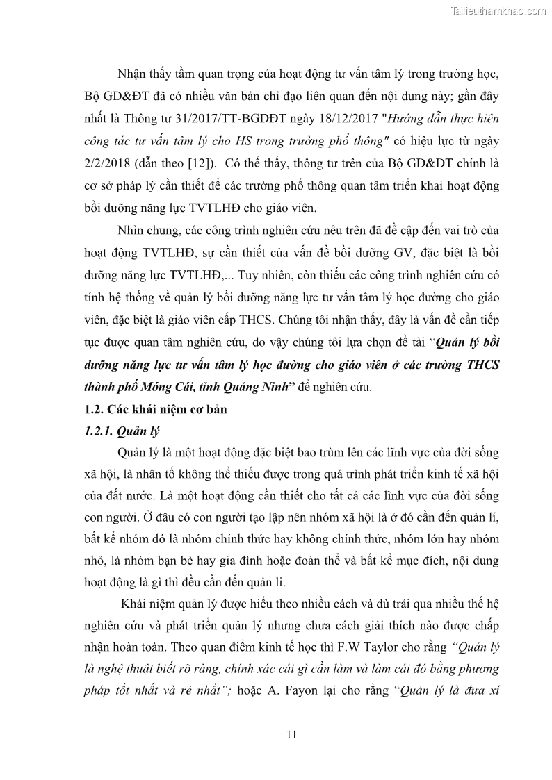 Luận văn thạc sĩ khoa học giáo dục Quản lý bồi dưỡng năng lực tư vấn tâm lý học đường cho giáo viên ở các trường trung học cơ sở thành phố Móng Cái, tỉnh Quảng Ninh - 2 Trang 23