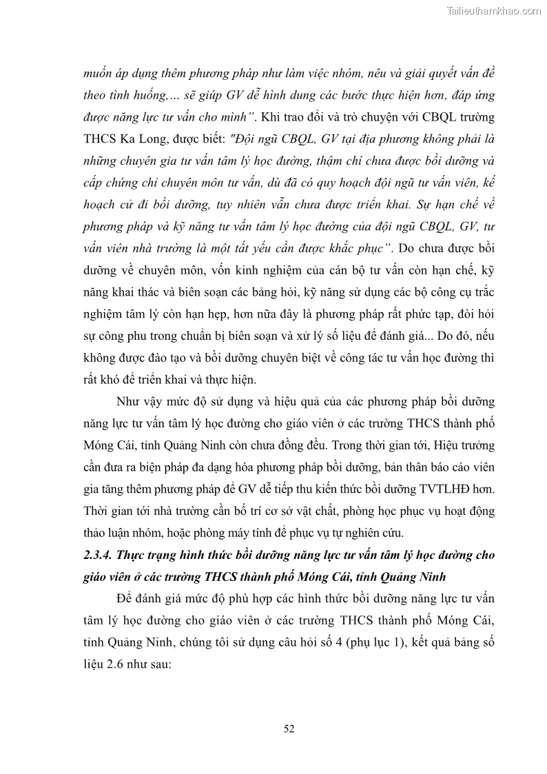 Luận văn thạc sĩ khoa học giáo dục Quản lý bồi dưỡng năng lực tư vấn tâm lý học đường cho giáo viên ở các trường trung học cơ sở thành phố Móng Cái, tỉnh Quảng Ninh - 6 Trang 64