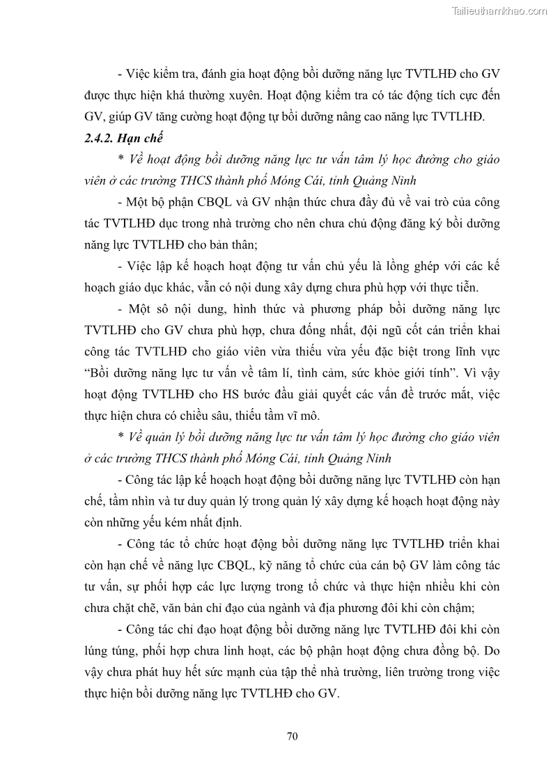 Luận văn thạc sĩ khoa học giáo dục Quản lý bồi dưỡng năng lực tư vấn tâm lý học đường cho giáo viên ở các trường trung học cơ sở thành phố Móng Cái, tỉnh Quảng Ninh - 7 Trang 82