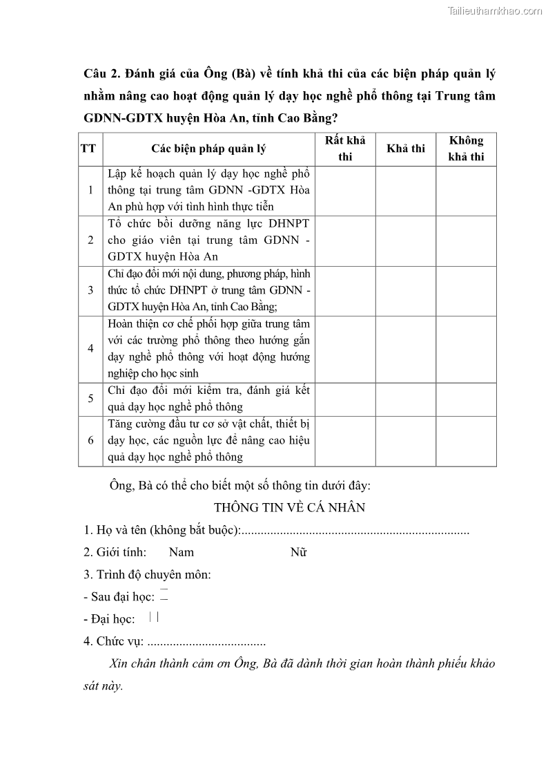 Luận văn thạc sĩ khoa học giáo dục Quản lý dạy học nghề phổ thông tại Trung tâm giáo dục nghề nghiệp - Giáo dục thường xuyên huyện Hòa An, tỉnh Cao Bằng - 11 Trang 127