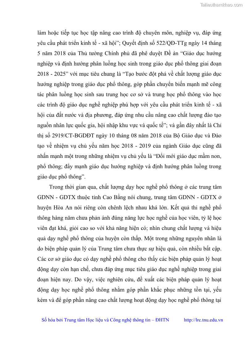 Luận văn thạc sĩ khoa học giáo dục Quản lý dạy học nghề phổ thông tại Trung tâm giáo dục nghề nghiệp - Giáo dục thường xuyên huyện Hòa An, tỉnh Cao Bằng - 2 Trang 13