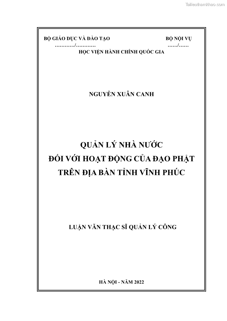 Luận văn thạc sĩ quản lý công Quản lý nhà nước đối với hoạt động của Đạo Phật trên địa bàn tỉnh Vĩnh Phúc - 1 Trang 1