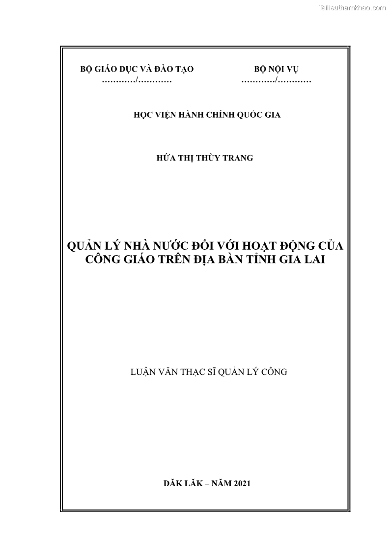 Luận văn thạc sĩ quản lý công Quản lý nhà nước đối với hoạt động của Công giáo trên địa bàn tỉnh Gia Lai - 1 Trang 1