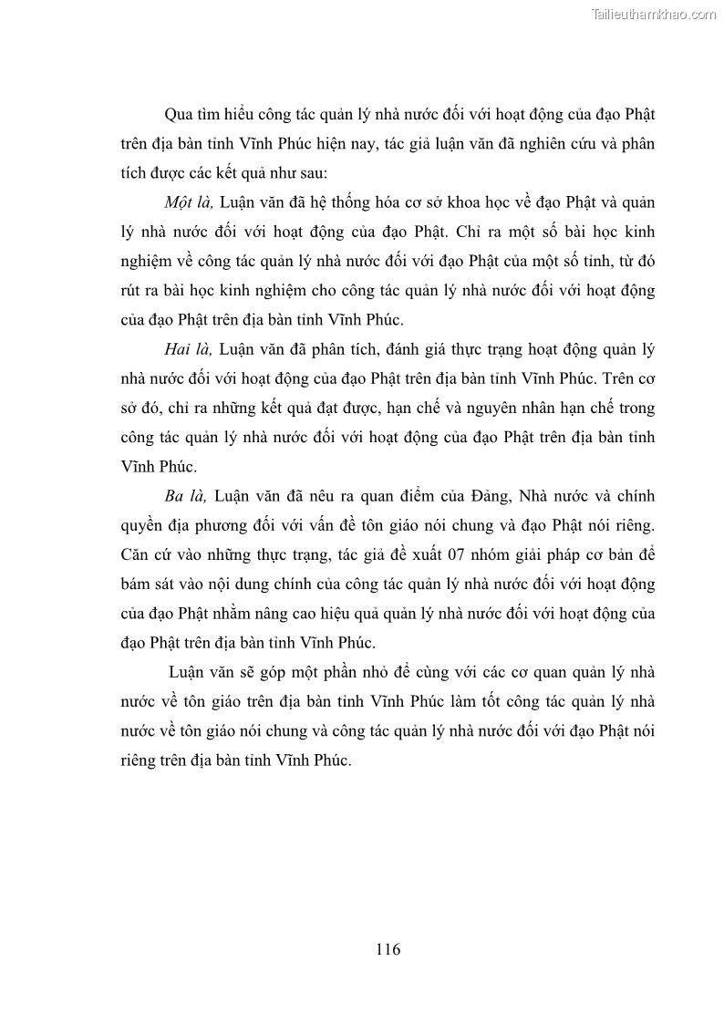 Luận văn thạc sĩ quản lý công Quản lý nhà nước đối với hoạt động của Đạo Phật trên địa bàn tỉnh Vĩnh Phúc - 11 Trang 124