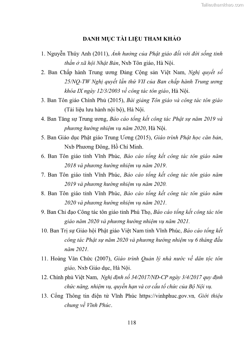 Luận văn thạc sĩ quản lý công Quản lý nhà nước đối với hoạt động của Đạo Phật trên địa bàn tỉnh Vĩnh Phúc - 11 Trang 126