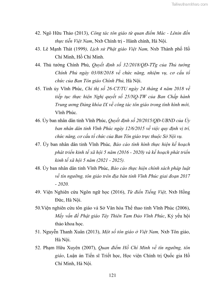 Luận văn thạc sĩ quản lý công Quản lý nhà nước đối với hoạt động của Đạo Phật trên địa bàn tỉnh Vĩnh Phúc - 11 Trang 129