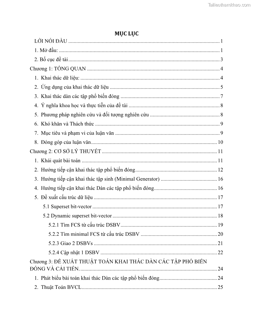 Luận văn thạc sĩ công nghệ thông tin Khai thác dàn tập phổ biến đóng sử dụng cấu trúc DSBV - 1 Trang 7