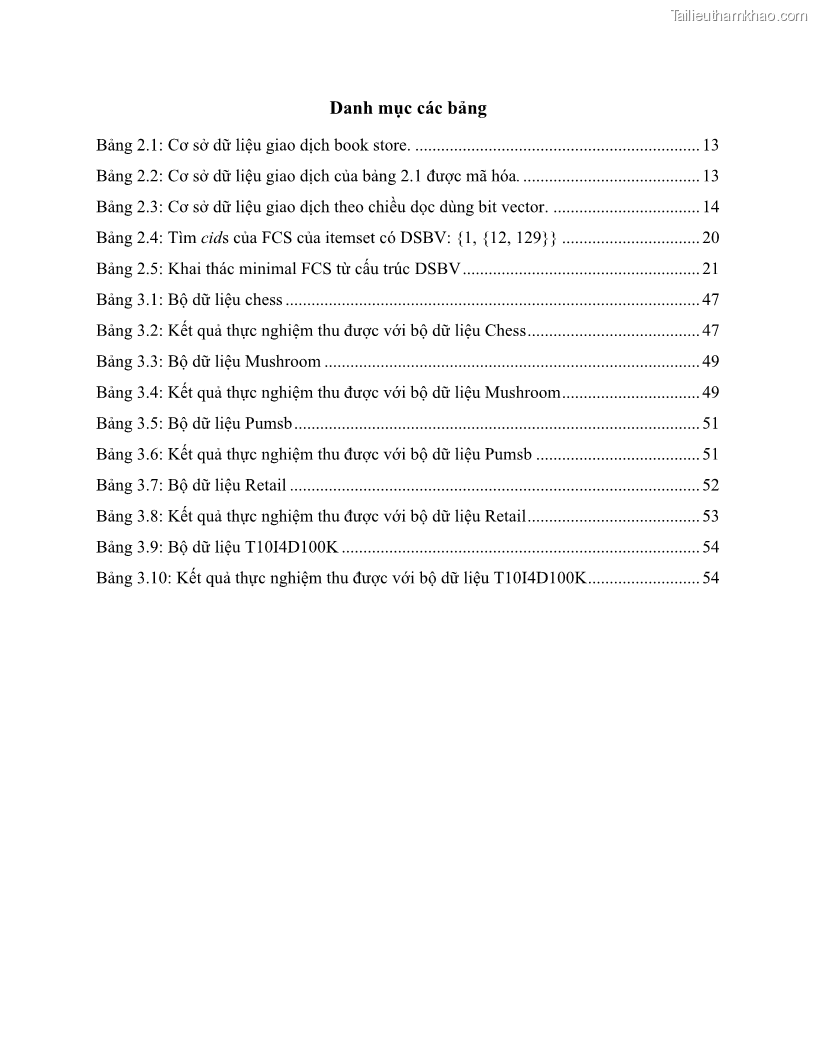 Luận văn thạc sĩ công nghệ thông tin Khai thác dàn tập phổ biến đóng sử dụng cấu trúc DSBV - 1 Trang 9
