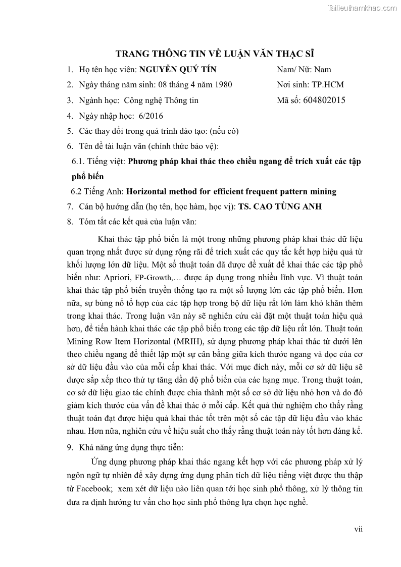 Luận văn thạc sĩ công nghệ thông tin Phương pháp khai thác theo chiều ngang để trích xuất các tập phổ biến - 1 Trang 10
