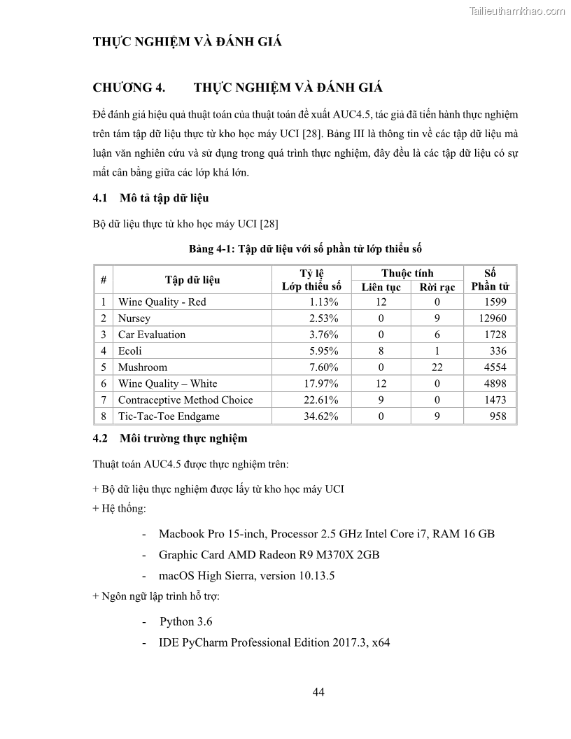Luận văn thạc sĩ công nghệ thông tin Sử dụng cây quyết định phân lớp dữ liệu mất cân đối - 5 Trang 55
