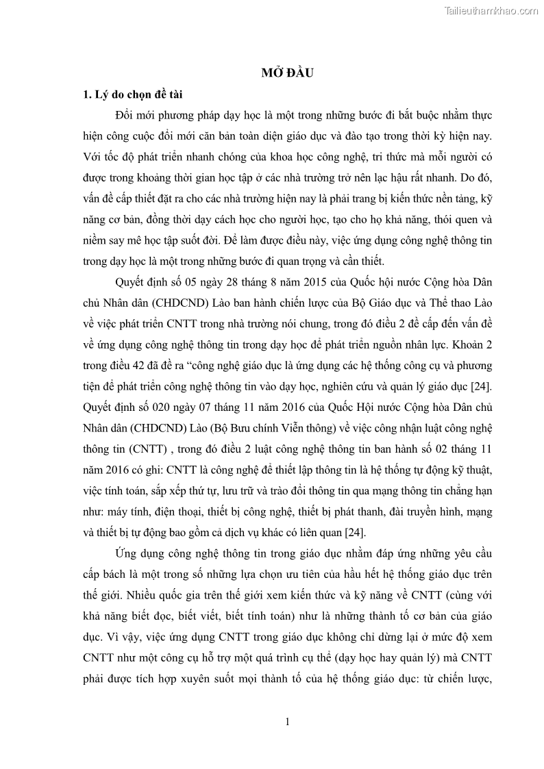Luận văn thạc sĩ khoa học giáo dục Quản lí ứng dụng công nghệ thông tin trong dạy học ở trường Cao đẳng Sư phạm Luangprabang, thành phố Luangprabang, tỉnh Luangprabang, nước Cộng hòa dân chủ nhân dân Lào - 1 Trang 11
