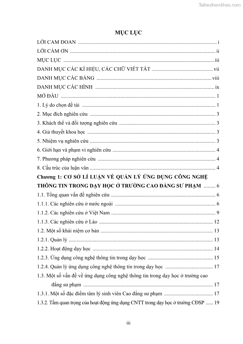 Luận văn thạc sĩ khoa học giáo dục Quản lí ứng dụng công nghệ thông tin trong dạy học ở trường Cao đẳng Sư phạm Luangprabang, thành phố Luangprabang, tỉnh Luangprabang, nước Cộng hòa dân chủ nhân dân Lào - 1 Trang 4