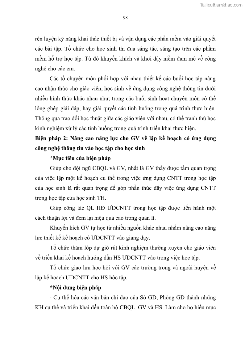 Luận văn thạc sĩ khoa học giáo dục Quản lí ứng dụng công nghệ thông tin trong học tập của học sinh ở các trường tiểu học huyện Bình Chánh thành phố Hồ Chí Minh - 10 Trang 109