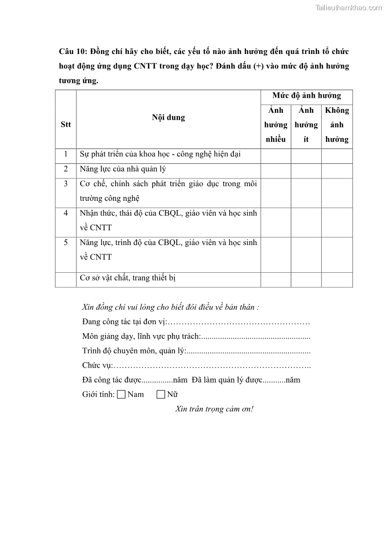 Luận văn thạc sĩ khoa học giáo dục Quản lí ứng dụng công nghệ thông tin trong dạy học ở trường Cao đẳng Sư phạm Luangprabang, thành phố Luangprabang, tỉnh Luangprabang, nước Cộng hòa dân chủ nhân dân Lào - 10 Trang 109