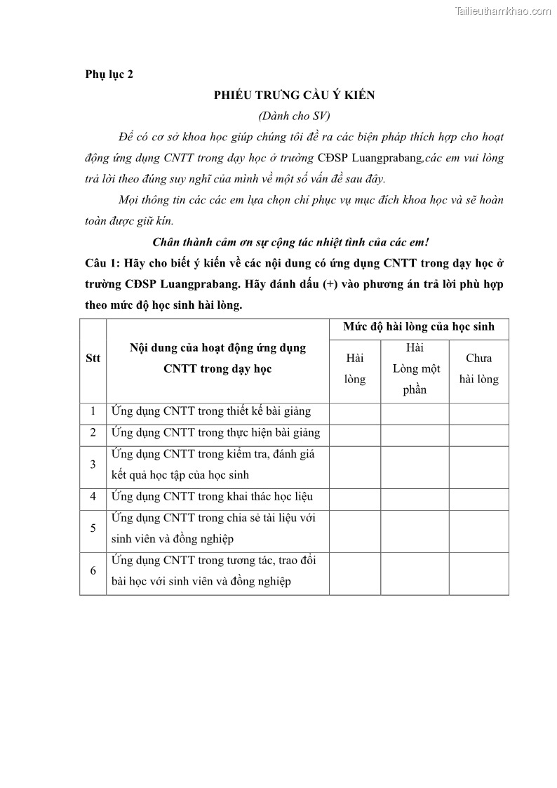 Luận văn thạc sĩ khoa học giáo dục Quản lí ứng dụng công nghệ thông tin trong dạy học ở trường Cao đẳng Sư phạm Luangprabang, thành phố Luangprabang, tỉnh Luangprabang, nước Cộng hòa dân chủ nhân dân Lào - 10 Trang 110
